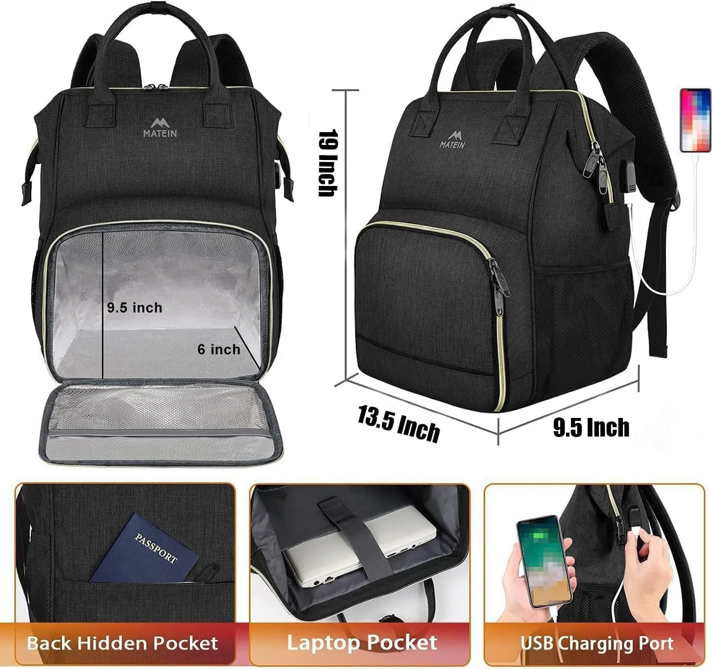 MATEIN Lunch Backpack for Men Women, 17 Inch Large Insulated Cooler Backpack with USB Charging Port, Water Resistant Lunch Box Back Pack Travel Laptop for Men Teacher Work Picnic College Nurse, Black