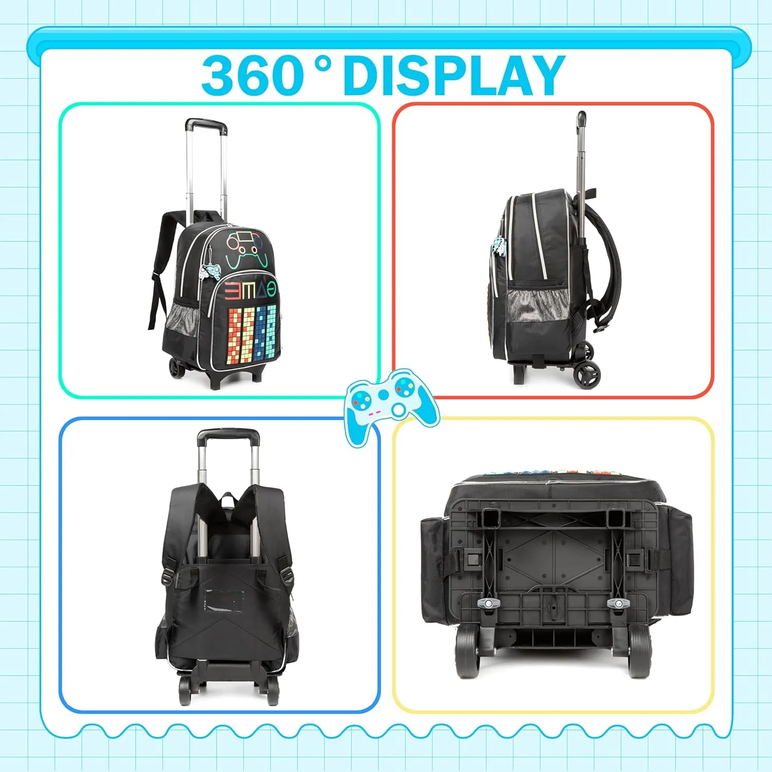 Meetbelify Backpack with Wheels for Boys Rolling Backpack Kids School Bag with Lunch Box Set for Elementary Student Travel Suitcase Laptop Luggage for Boys Age 6-8