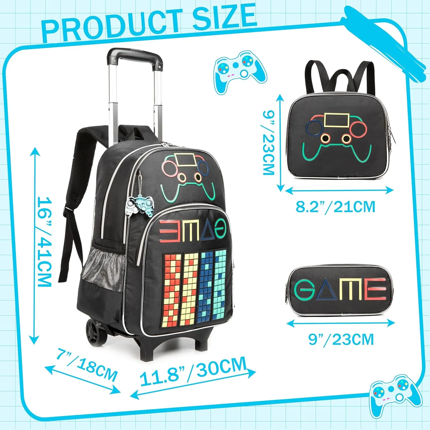 Meetbelify Backpack with Wheels for Boys Rolling Backpack Kids School Bag with Lunch Box Set for Elementary Student Travel Suitcase Laptop Luggage for Boys Age 6-8