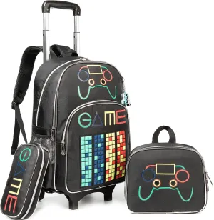 Meetbelify Backpack with Wheels for Boys Rolling Backpack Kids School Bag with Lunch Box Set for Elementary Student Travel Suitcase Laptop Luggage for Boys Age 6-8