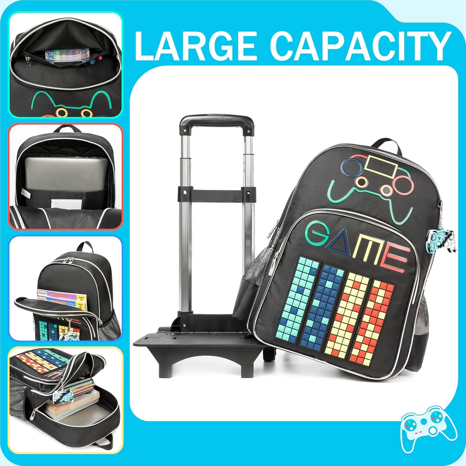 Meetbelify Backpack with Wheels for Boys Rolling Backpack Kids School Bag with Lunch Box Set for Elementary Student Travel Suitcase Laptop Luggage for Boys Age 6-8