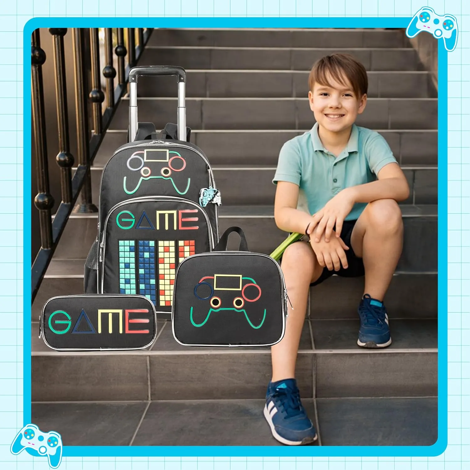 Meetbelify Backpack with Wheels for Boys Rolling Backpack Kids School Bag with Lunch Box Set for Elementary Student Travel Suitcase Laptop Luggage for Boys Age 6-8