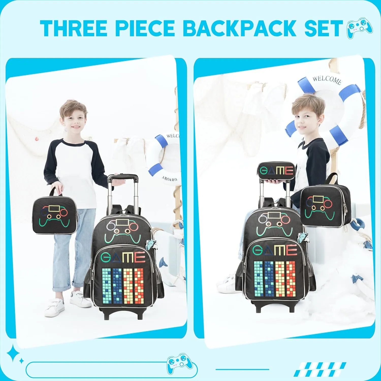 Meetbelify Backpack with Wheels for Boys Rolling Backpack Kids School Bag with Lunch Box Set for Elementary Student Travel Suitcase Laptop Luggage for Boys Age 6-8