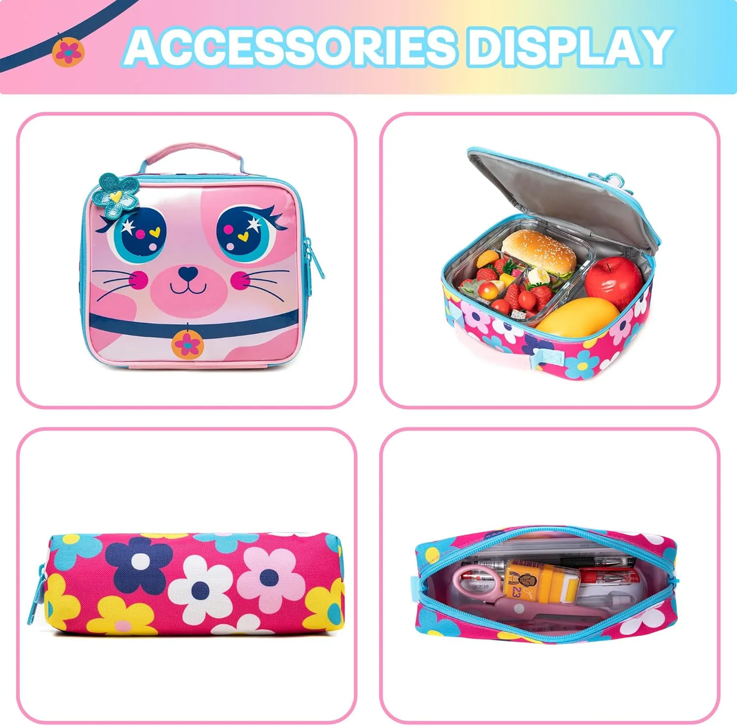 Meetbelify Cute Cat 3 in 1 Backpack Set for Preschool Girls, Ages 8-10 with Lunch Box & Pencil Case