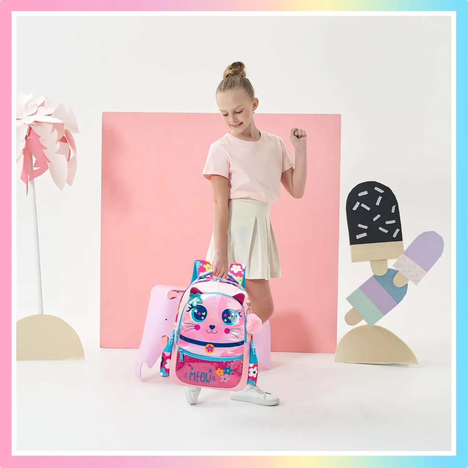 Meetbelify Cute Cat 3 in 1 Backpack Set for Preschool Girls, Ages 8-10 with Lunch Box & Pencil Case