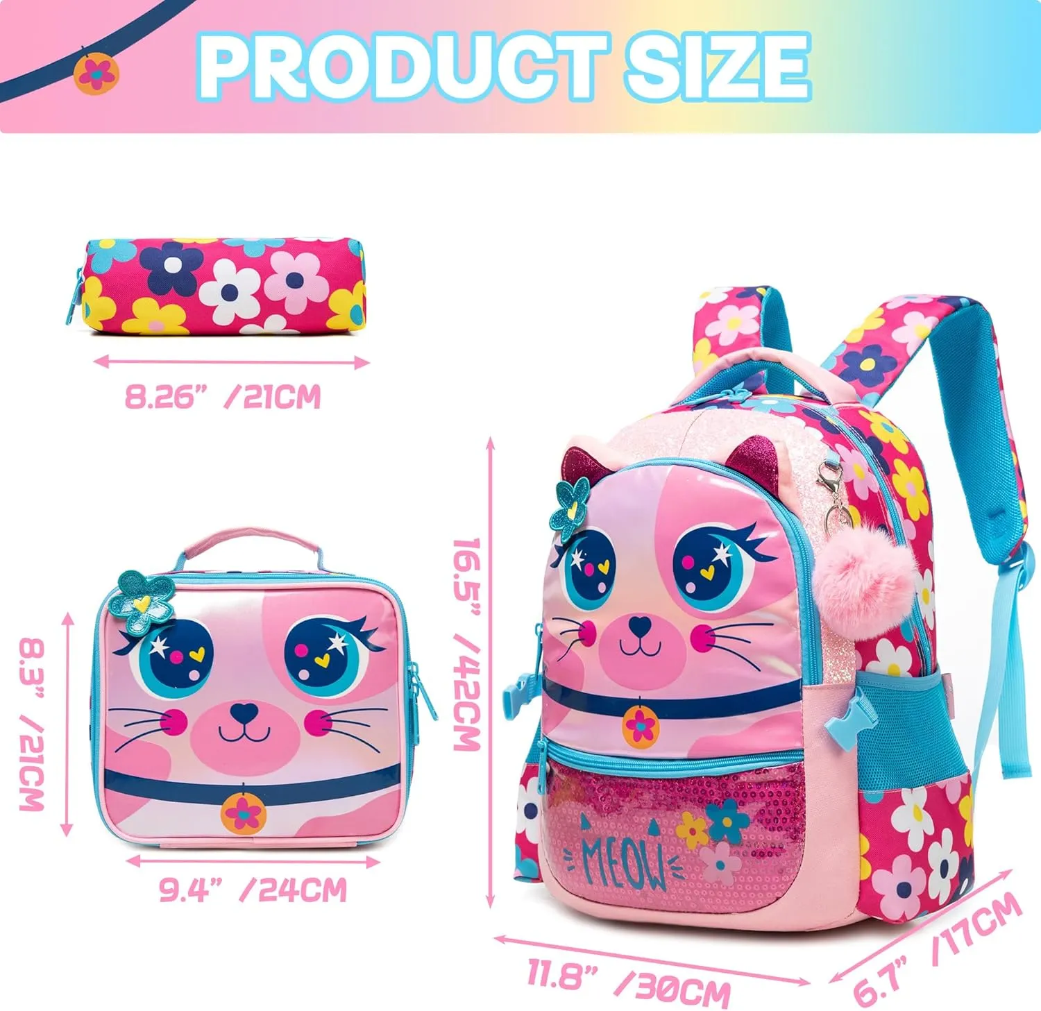 Meetbelify Cute Cat 3 in 1 Backpack Set for Preschool Girls, Ages 8-10 with Lunch Box & Pencil Case