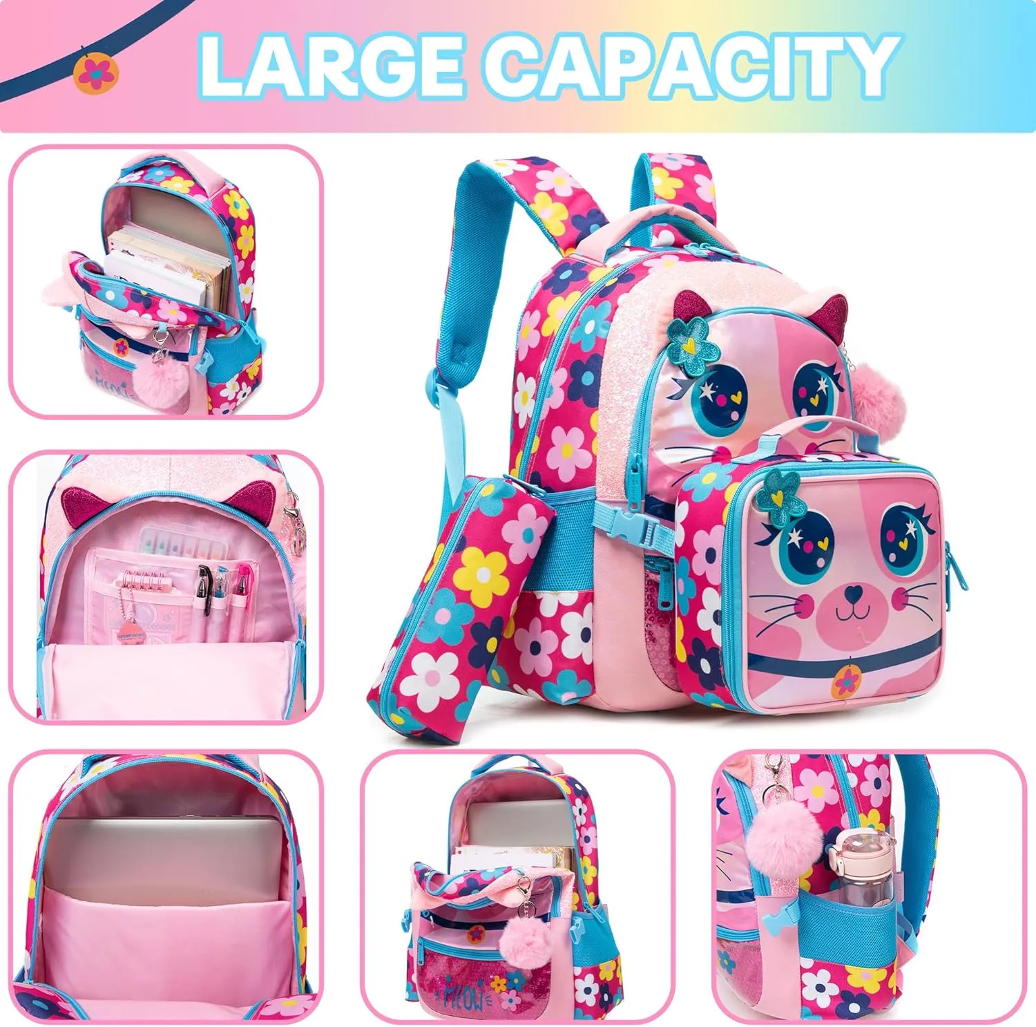 Meetbelify Cute Cat 3 in 1 Backpack Set for Preschool Girls, Ages 8-10 with Lunch Box & Pencil Case
