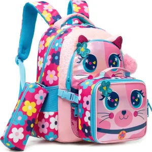Meetbelify Cute Cat 3 in 1 Backpack Set for Preschool Girls, Ages 8-10 with Lunch Box & Pencil Case
