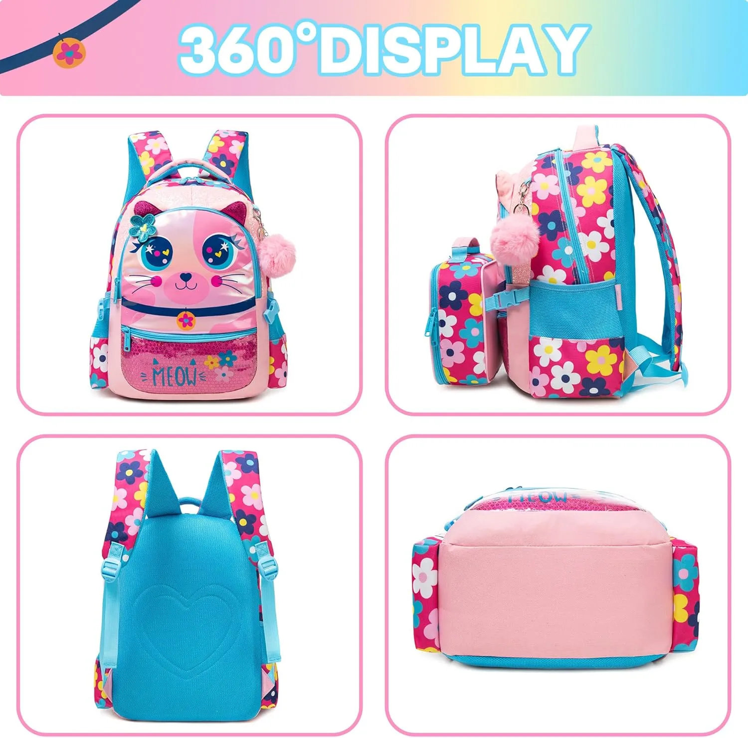 Meetbelify Cute Cat 3 in 1 Backpack Set for Preschool Girls, Ages 8-10 with Lunch Box & Pencil Case