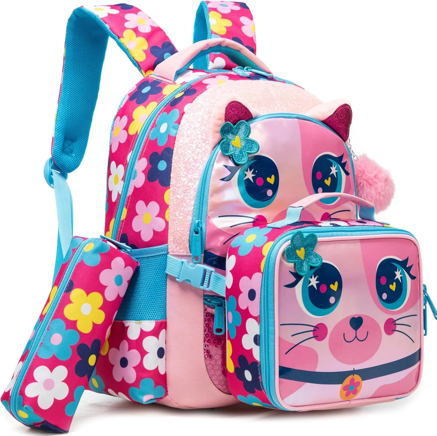 Meetbelify Cute Cat 3 in 1 Backpack Set for Preschool Girls, Ages 8-10 with Lunch Box & Pencil Case