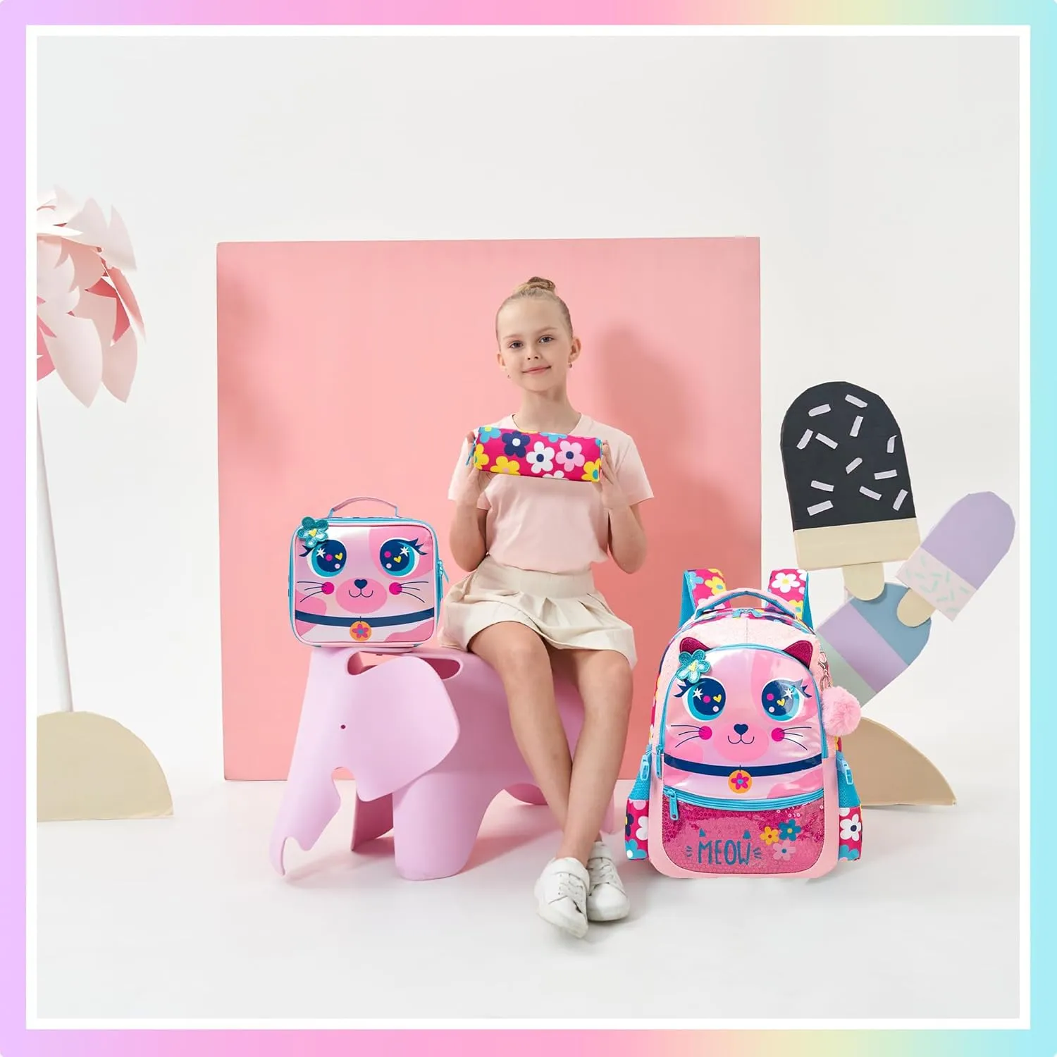 Meetbelify Cute Cat 3 in 1 Backpack Set for Preschool Girls, Ages 8-10 with Lunch Box & Pencil Case