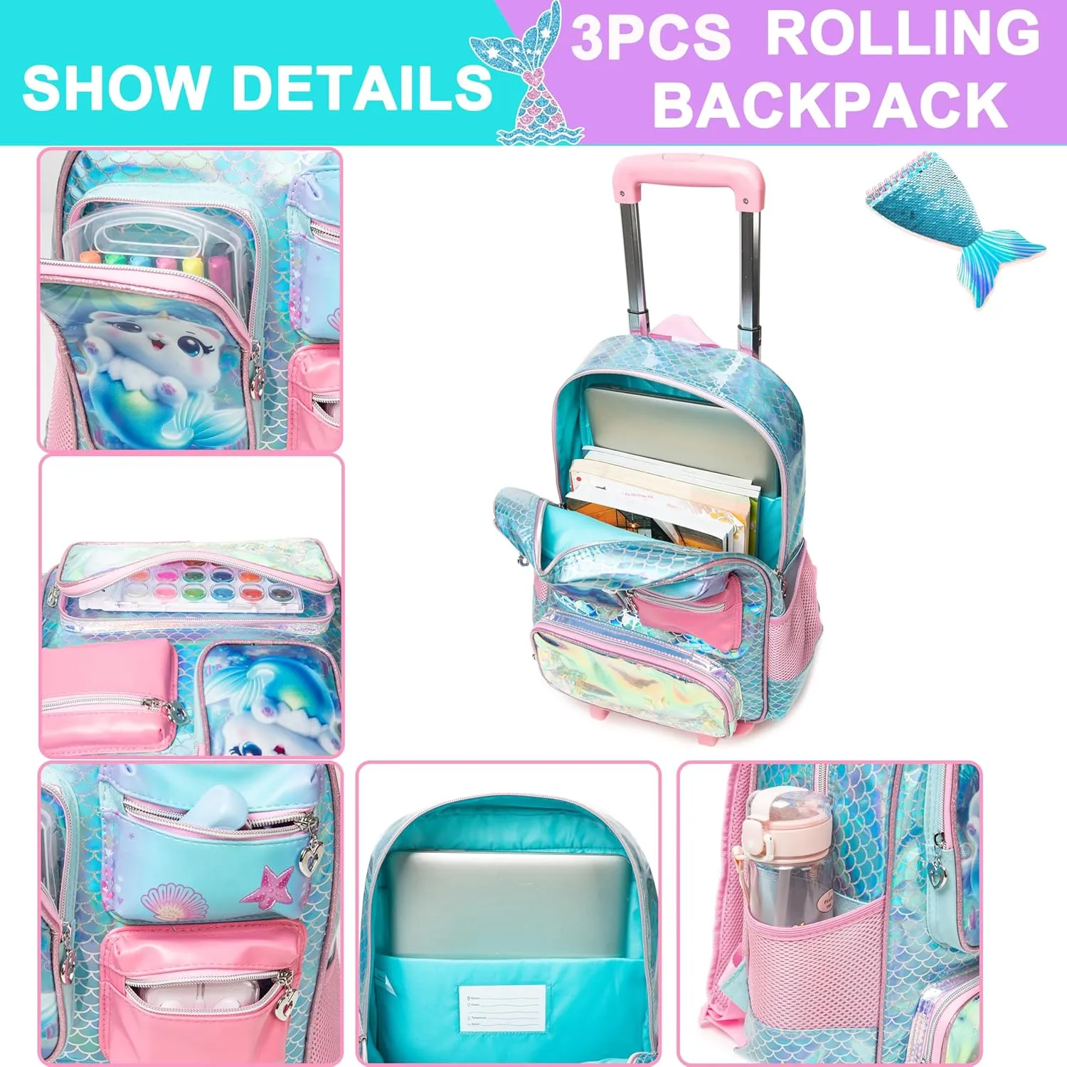 Meetbelify Cute Cat Rolling Backpack for Girls Backpack with Wheels for Elementary Student Kids School Bag with Lunch Box Pencil Case for Girls Ages 6-8 Years Old