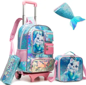 Meetbelify Cute Cat Rolling Backpack for Girls Backpack with Wheels for Elementary Student Kids School Bag with Lunch Box Pencil Case for Girls Ages 6-8 Years Old