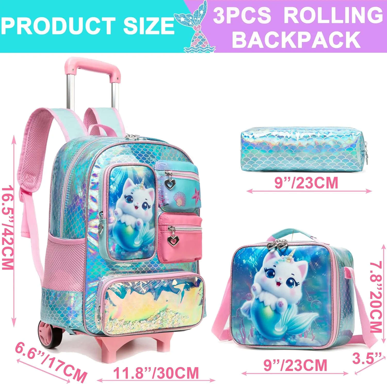 Meetbelify Cute Cat Rolling Backpack for Girls Backpack with Wheels for Elementary Student Kids School Bag with Lunch Box Pencil Case for Girls Ages 6-8 Years Old