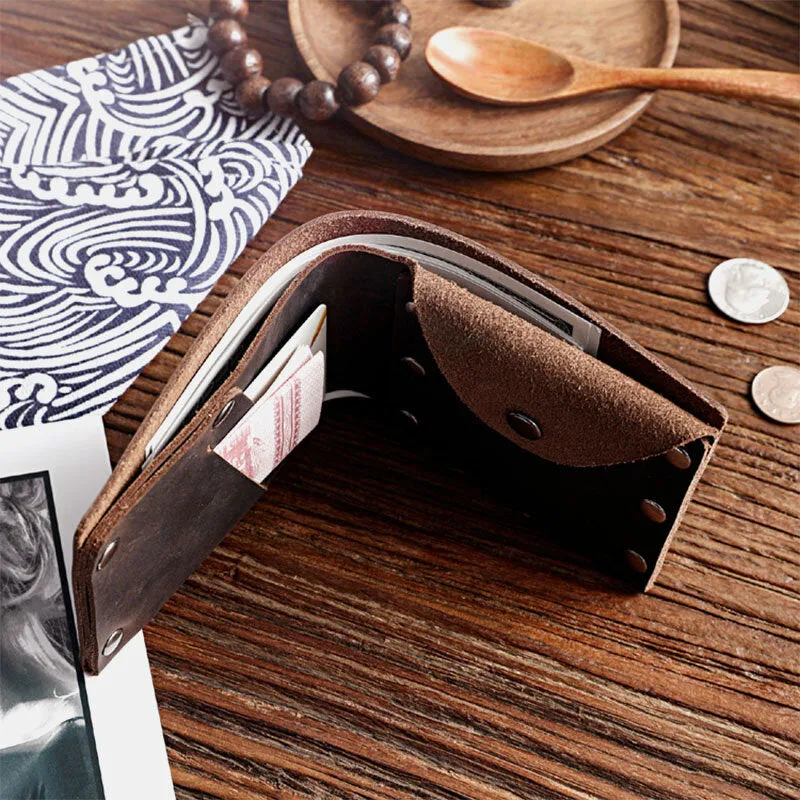 Men Short Bifold Cowhide Wallet Rivet Design Large Capacity Card Holder Coin Purse