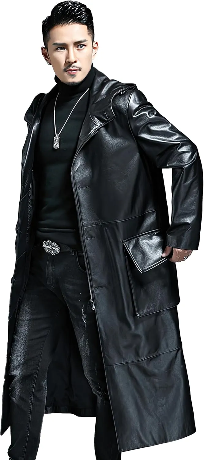 Men’s Black Biker Genuine Sheepskin Leather Zip Up Matrix Trench Coat - Fashionable Slim Fit WW2 Hooded Long Coat For Men