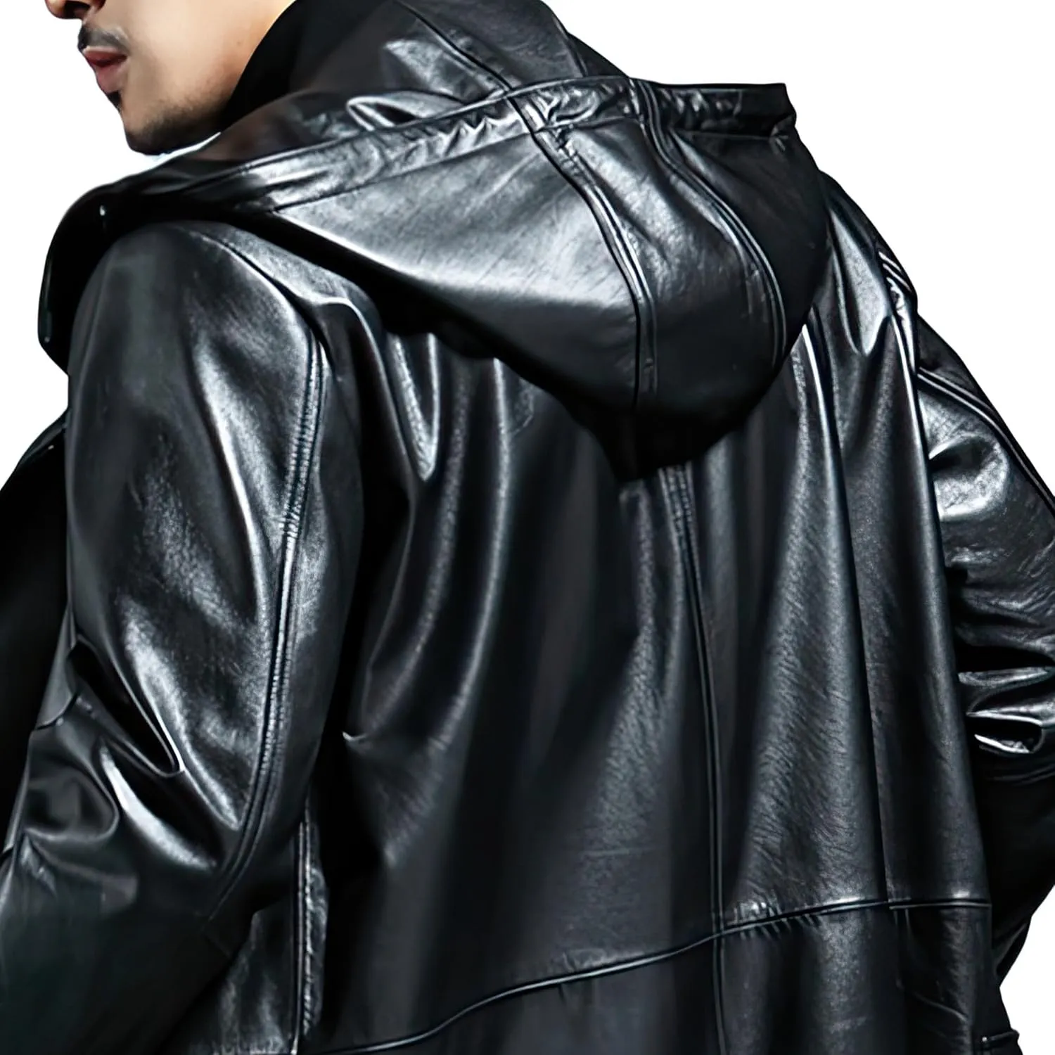 Men’s Black Biker Genuine Sheepskin Leather Zip Up Matrix Trench Coat - Fashionable Slim Fit WW2 Hooded Long Coat For Men