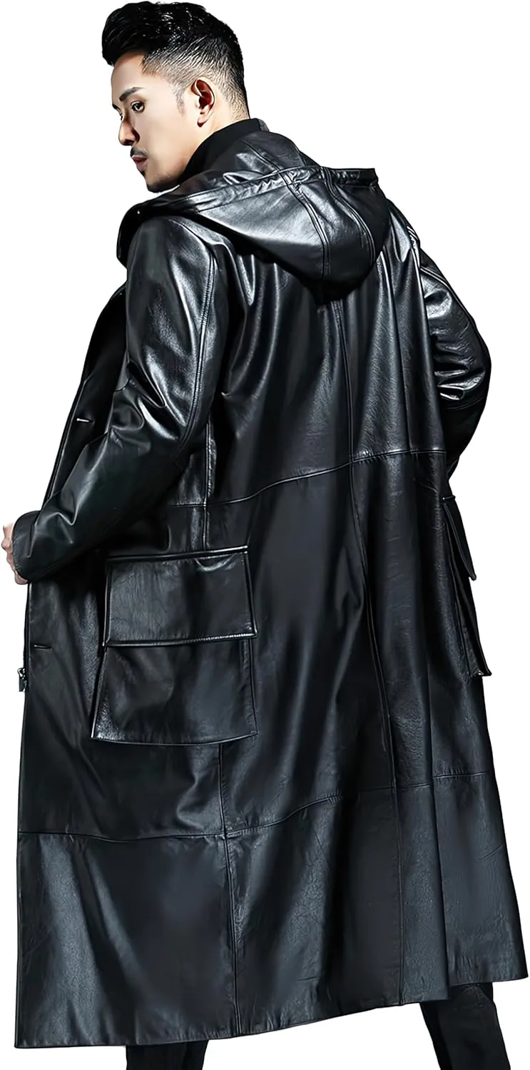 Men’s Black Biker Genuine Sheepskin Leather Zip Up Matrix Trench Coat - Fashionable Slim Fit WW2 Hooded Long Coat For Men