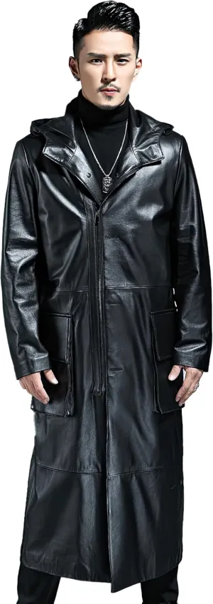 Men’s Black Biker Genuine Sheepskin Leather Zip Up Matrix Trench Coat - Fashionable Slim Fit WW2 Hooded Long Coat For Men