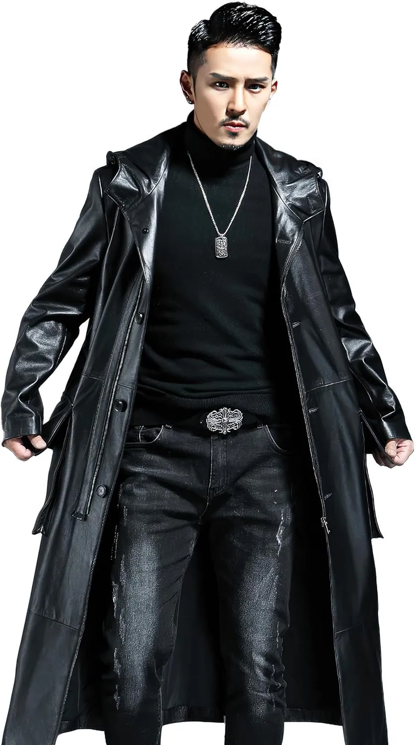 Men’s Black Biker Genuine Sheepskin Leather Zip Up Matrix Trench Coat - Fashionable Slim Fit WW2 Hooded Long Coat For Men