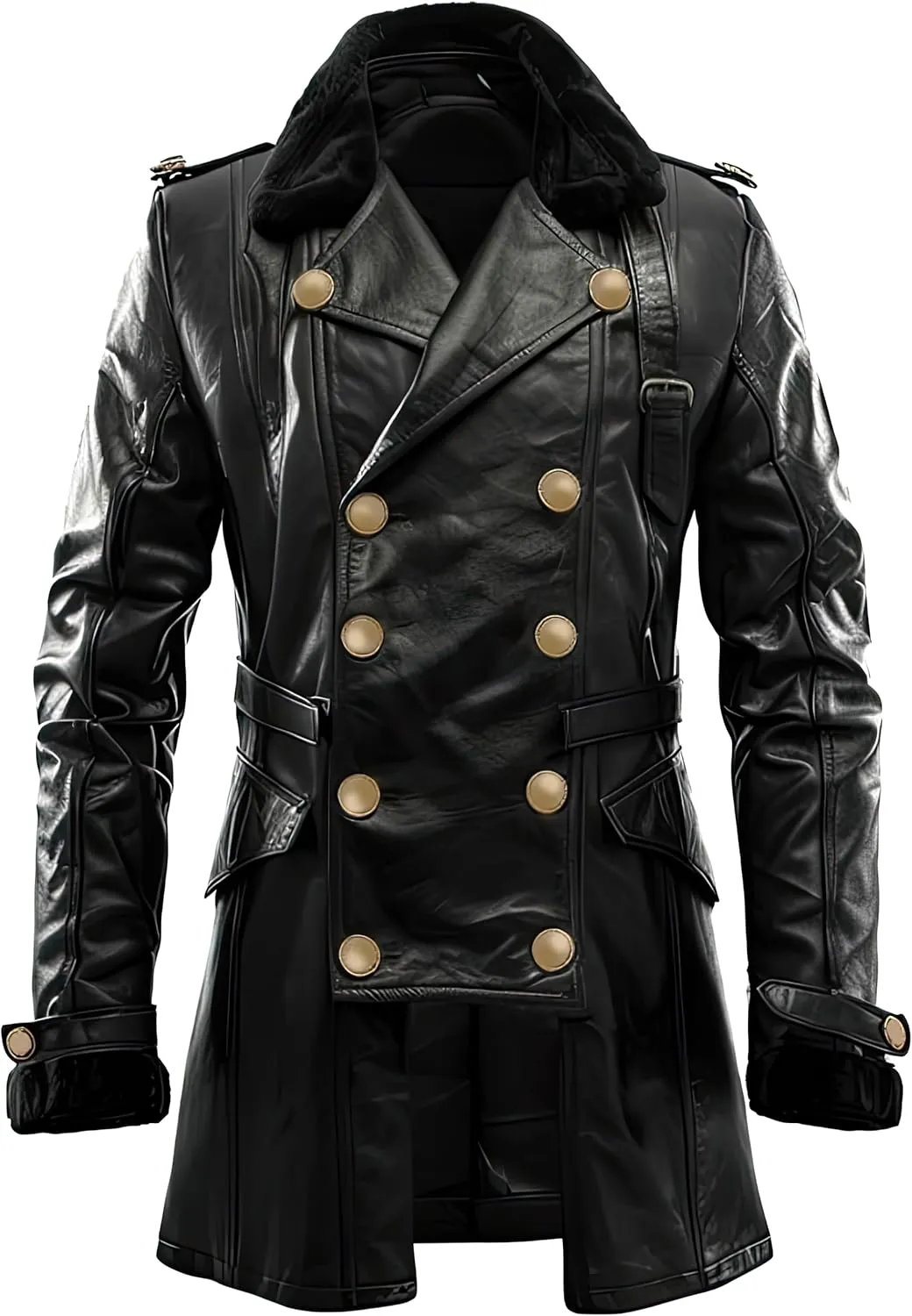 Men’s Black Genuine Sheepskin Sherpa Shearling Lapel Collar Winter Mid Length Belted Military Style Aviator Leather Coat Men