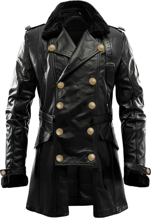 Men’s Black Genuine Sheepskin Sherpa Shearling Lapel Collar Winter Mid Length Belted Military Style Aviator Leather Coat Men