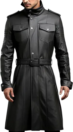 Men’s Black Genuine Sheepskin Stand Collar Smooth Fashionable Mid-Length Leather Coat - Military Style Aviator Coat for Men