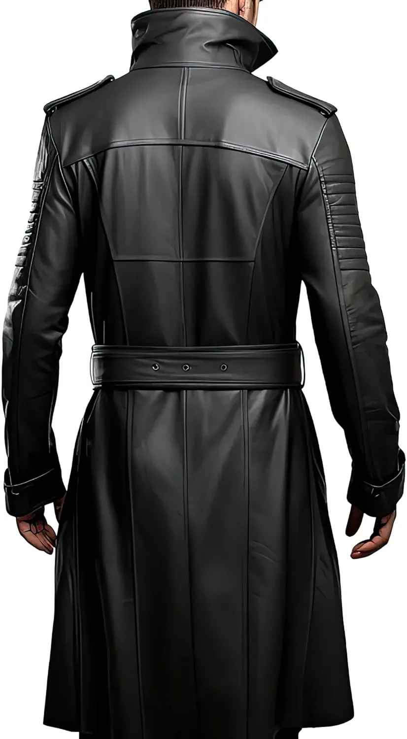Men’s Black Genuine Sheepskin Stand Collar Smooth Fashionable Mid-Length Leather Coat - Military Style Aviator Coat for Men