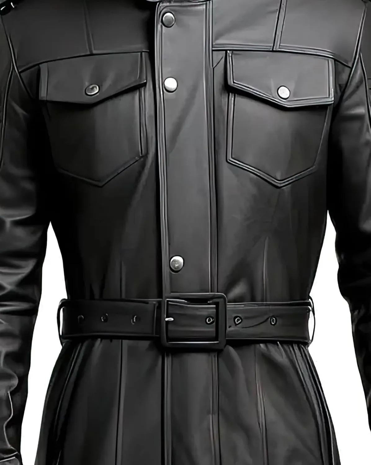 Men’s Black Genuine Sheepskin Stand Collar Smooth Fashionable Mid-Length Leather Coat - Military Style Aviator Coat for Men