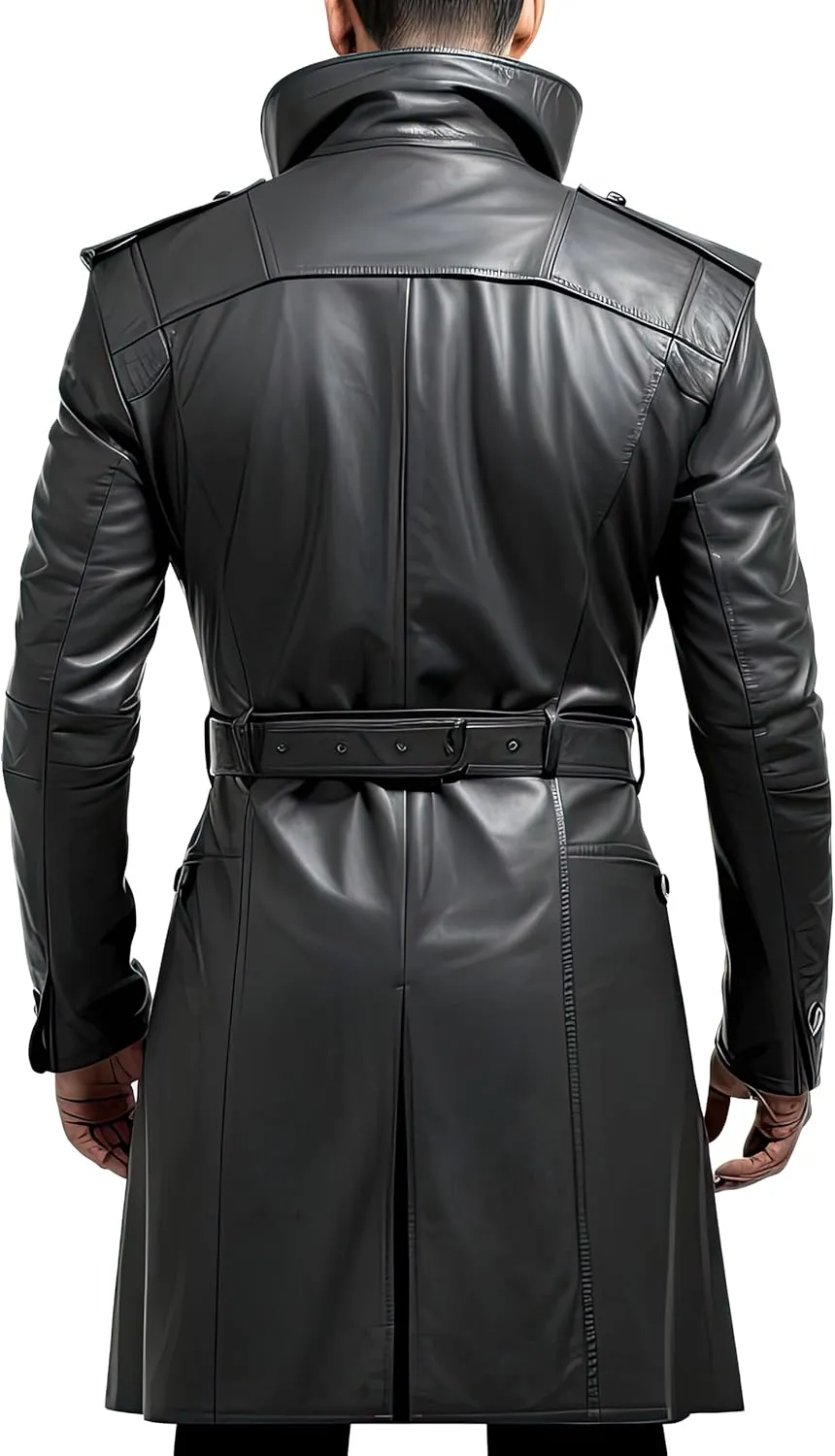 Men’s Black Genuine Sheepskin Stand Collar Smooth Slim Fit Mid-Length Leather Coat - Military Style Aviator Coat for Men