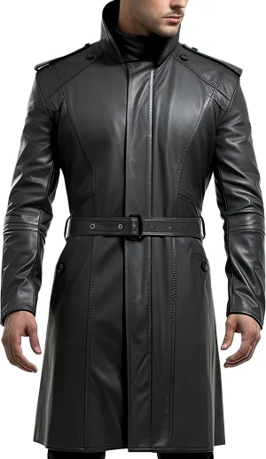 Men’s Black Genuine Sheepskin Stand Collar Smooth Slim Fit Mid-Length Leather Coat - Military Style Aviator Coat for Men