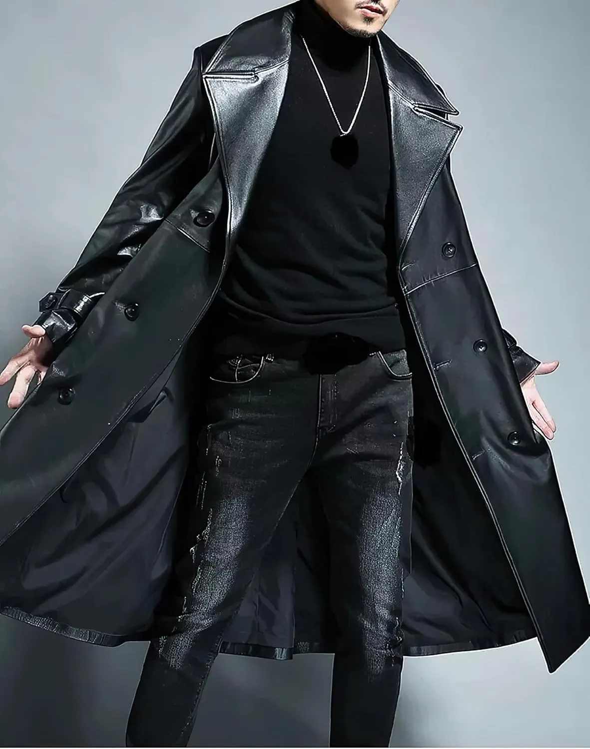 Men's Black Leather Genuine Cowskin Double-Breasted Slim Fit Cafe Racer Trench Coat - Classic Winter Aviator Coat for Men