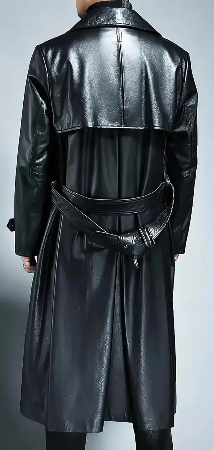 Men's Black Leather Genuine Cowskin Double-Breasted Slim Fit Cafe Racer Trench Coat - Classic Winter Aviator Coat for Men