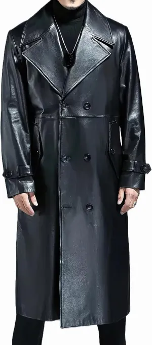 Men's Black Leather Genuine Cowskin Double-Breasted Slim Fit Cafe Racer Trench Coat - Classic Winter Aviator Coat for Men