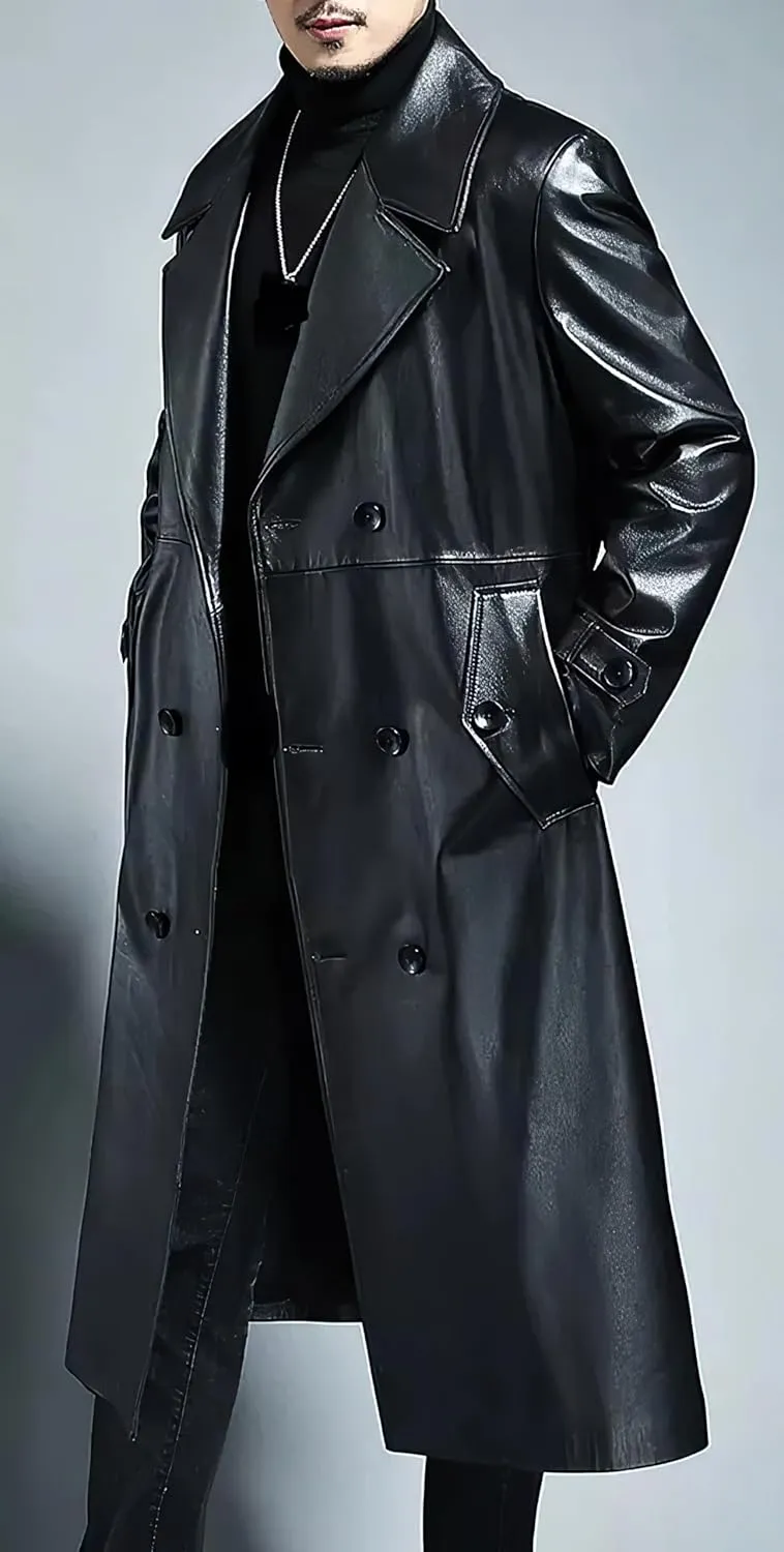 Men's Black Leather Genuine Cowskin Double-Breasted Slim Fit Cafe Racer Trench Coat - Classic Winter Aviator Coat for Men