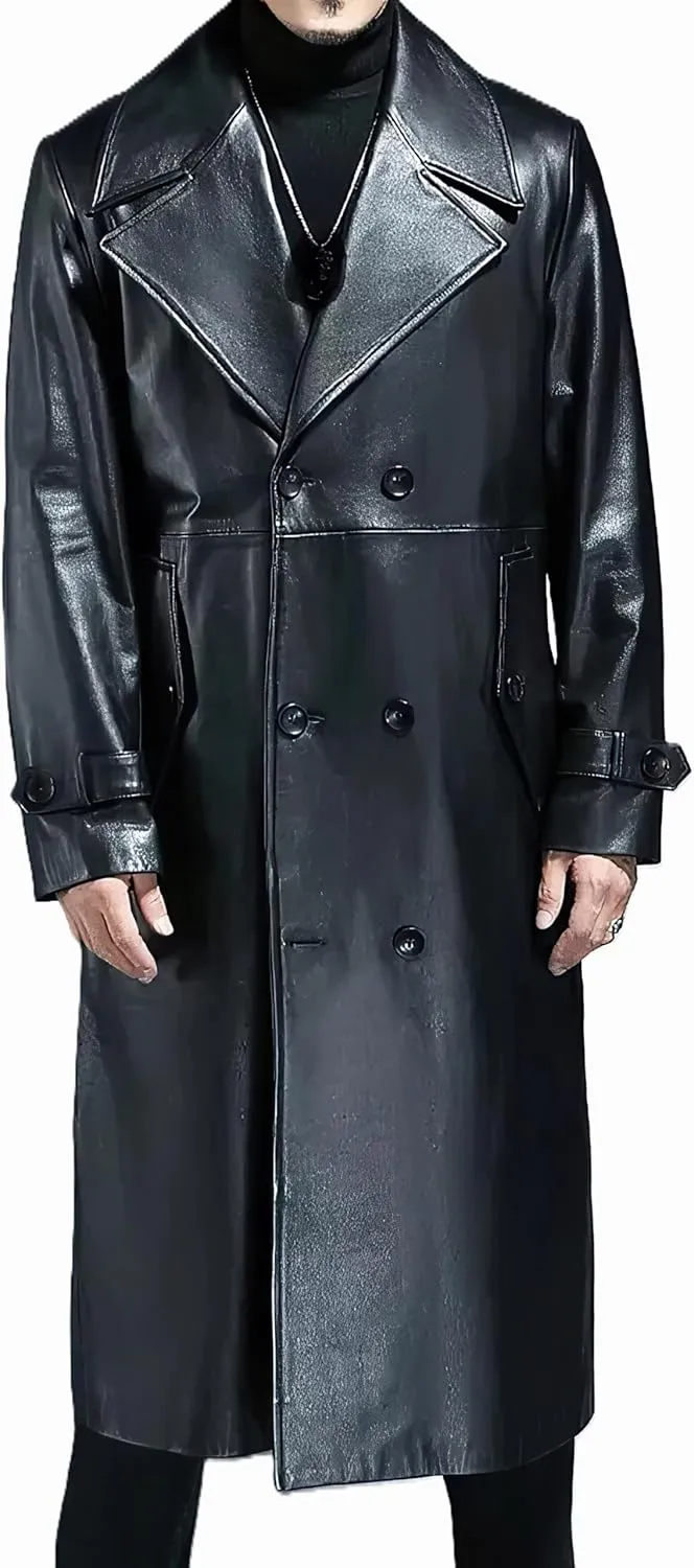 Men's Black Leather Genuine Cowskin Double-Breasted Slim Fit Cafe Racer Trench Coat - Classic Winter Aviator Coat for Men