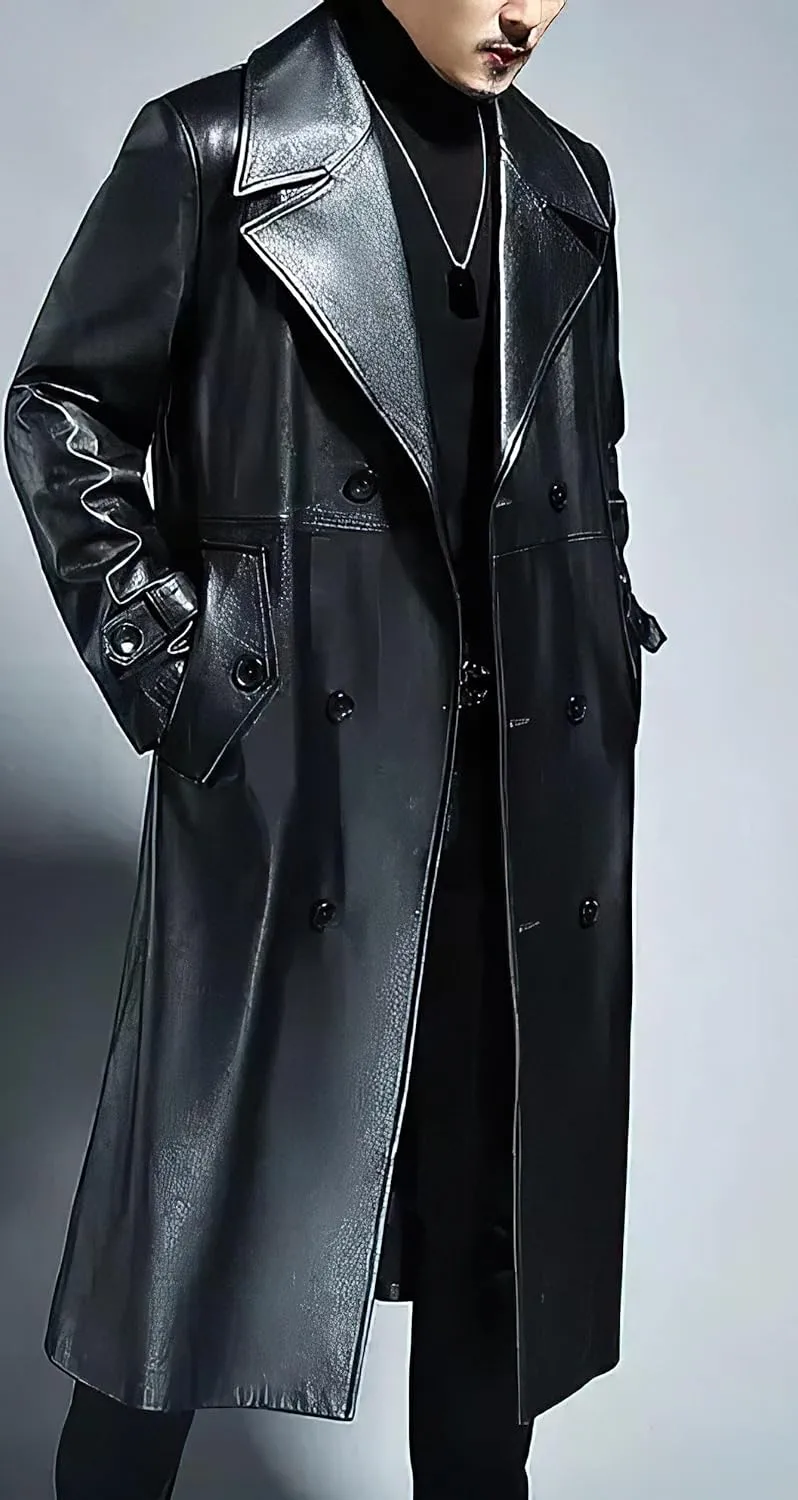 Men's Black Leather Genuine Cowskin Double-Breasted Slim Fit Cafe Racer Trench Coat - Classic Winter Aviator Coat for Men