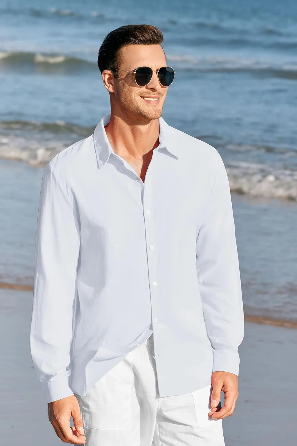 Mens Button Up Shirts Long Sleeve Linen Beach Casual Cotton Summer Lightweight Tops