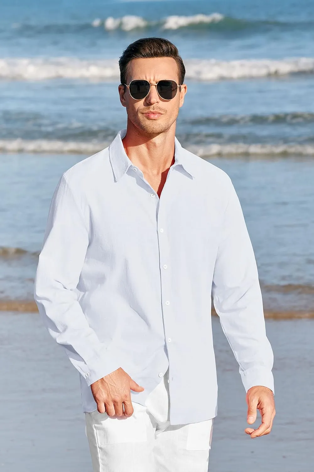 Mens Button Up Shirts Long Sleeve Linen Beach Casual Cotton Summer Lightweight Tops