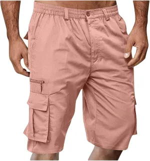 Mens Cargo Shorts Elastic Waist Button Zipper Multi-Pockets Outdoor Hiking Short Lightweight Wide Leg Pants