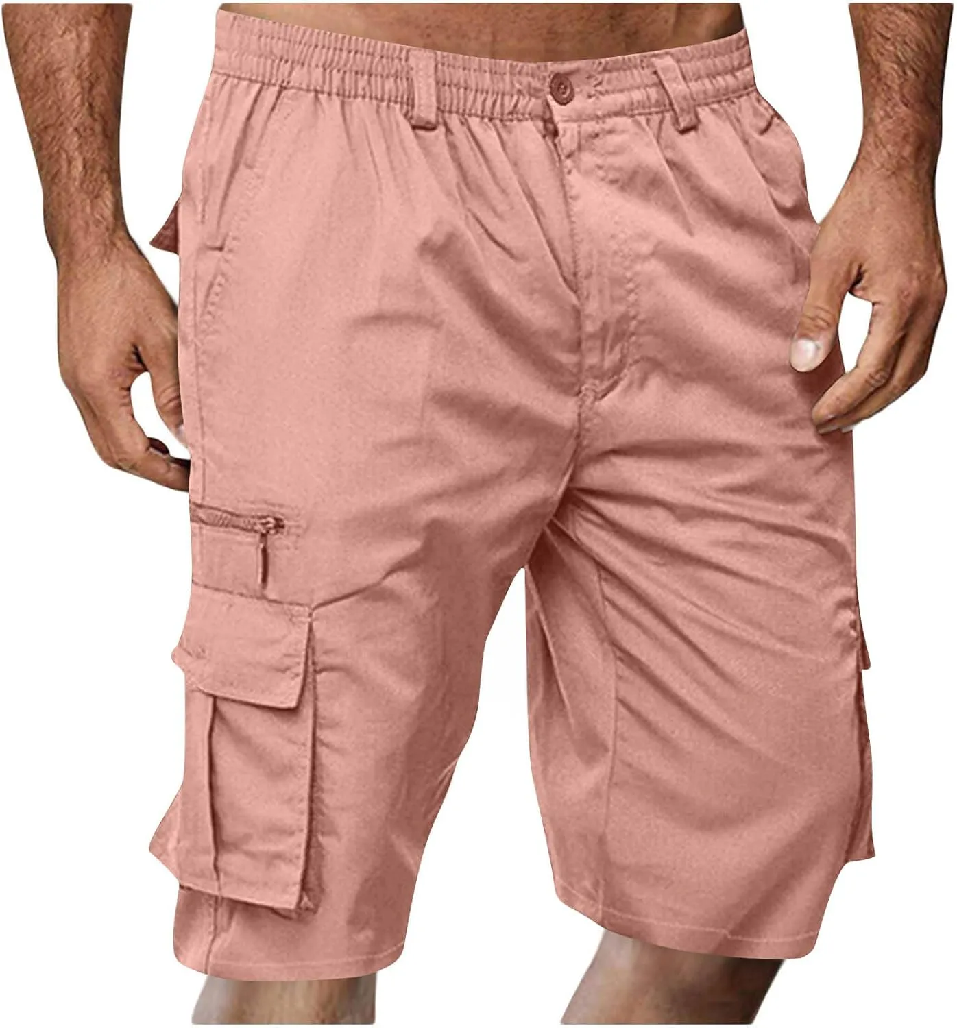 Mens Cargo Shorts Elastic Waist Button Zipper Multi-Pockets Outdoor Hiking Short Lightweight Wide Leg Pants
