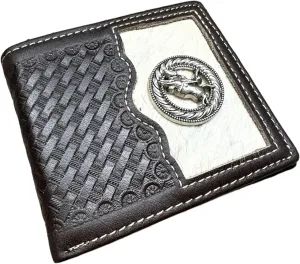 Mens Cow Hair Cowboy Bull Rider Concho Basketweave Bifold Western Leather Wallet High End Hand Stitched Leather Style Mens Wallets Leather Bull Rider Rodeo Gifts For Men (Coffee)