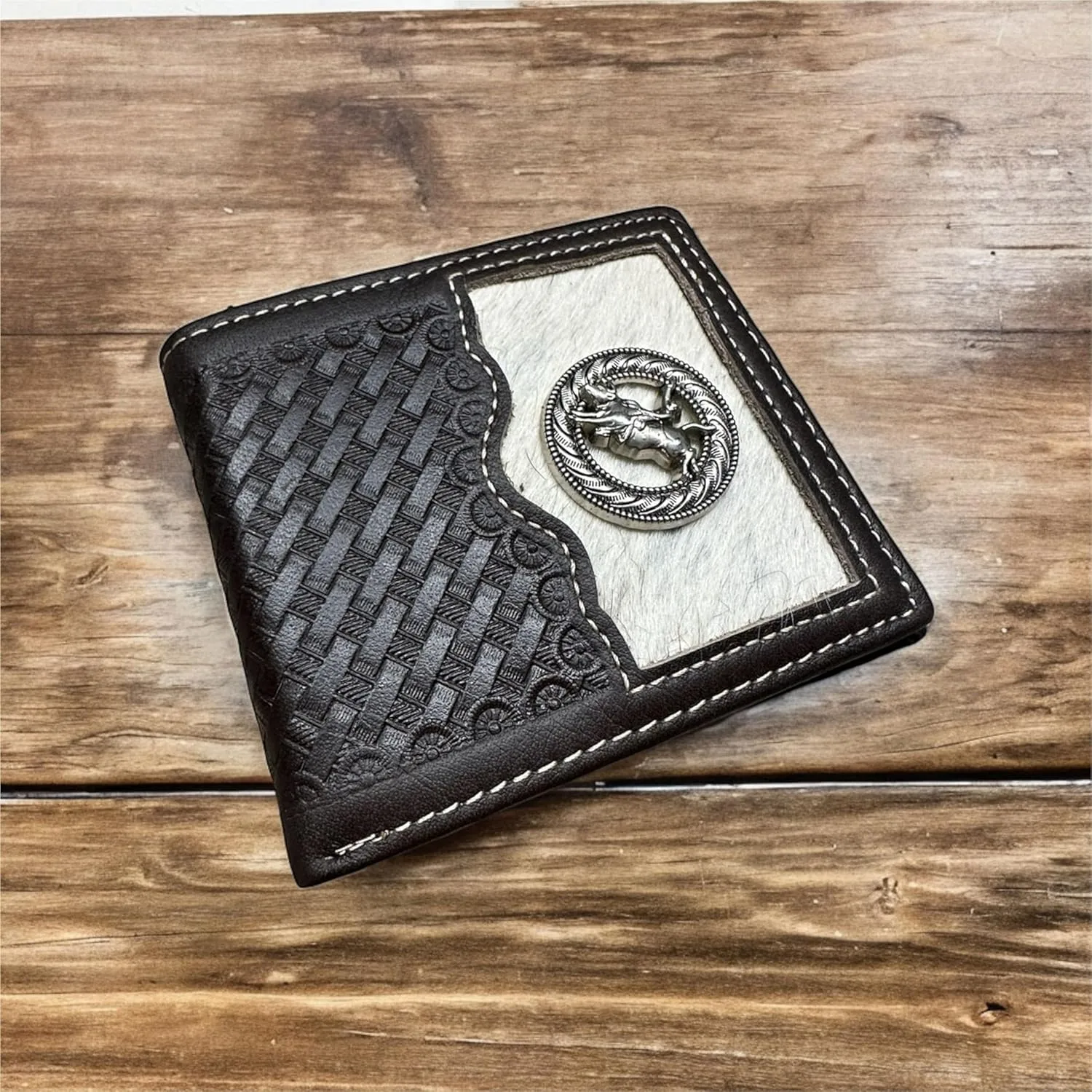 Mens Cow Hair Cowboy Bull Rider Concho Basketweave Bifold Western Leather Wallet High End Hand Stitched Leather Style Mens Wallets Leather Bull Rider Rodeo Gifts For Men (Coffee)