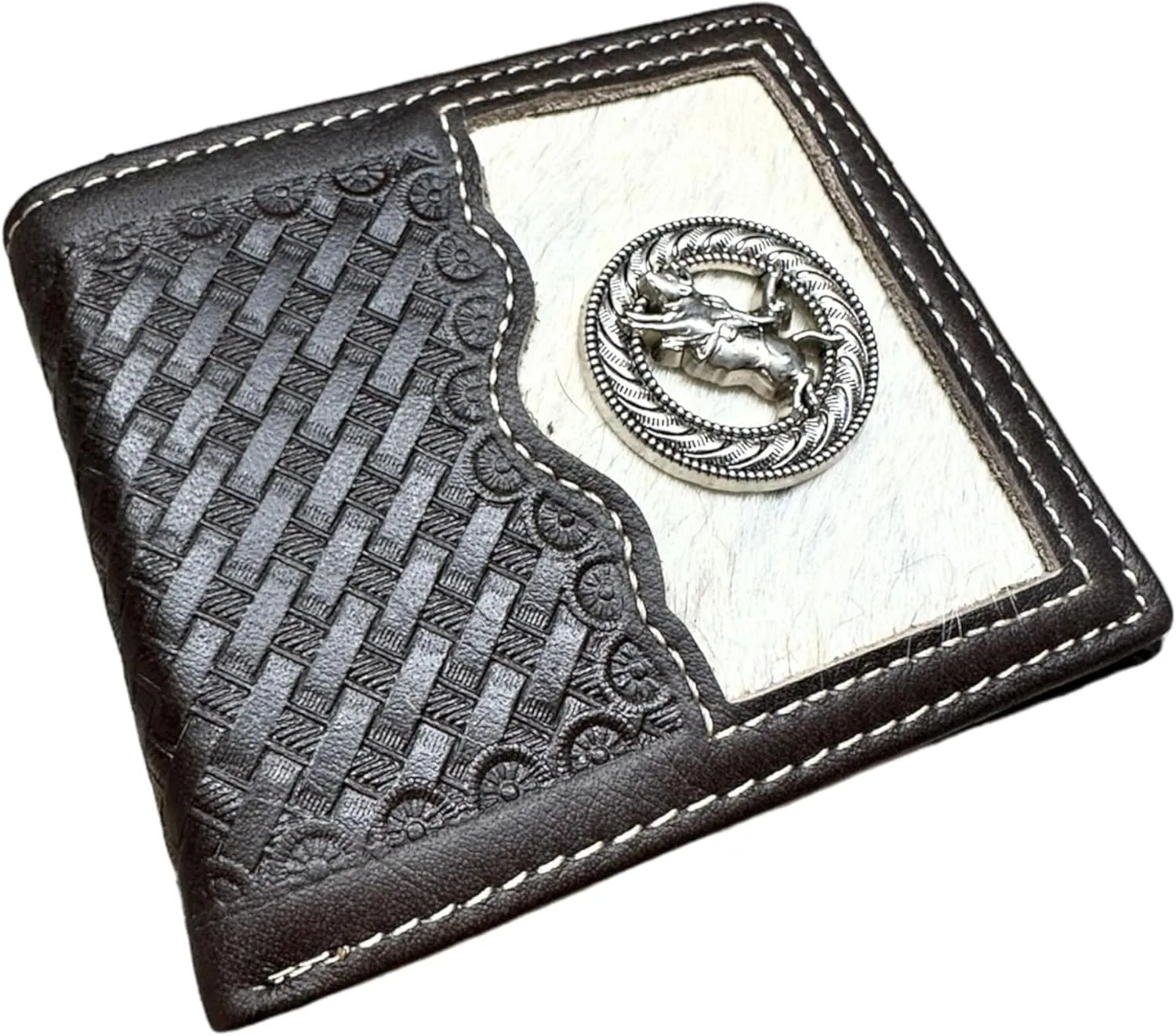 Mens Cow Hair Cowboy Bull Rider Concho Basketweave Bifold Western Leather Wallet High End Hand Stitched Leather Style Mens Wallets Leather Bull Rider Rodeo Gifts For Men (Coffee)