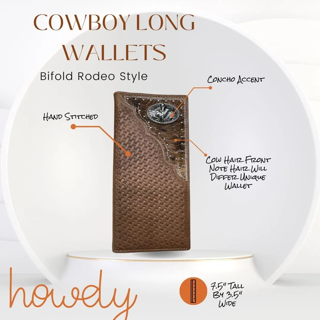 Mens Cowboy Bull Rider Rodeo Western Leather Long Wallet Bifold Cowhair BasketWeave Studded Checkbook Style Mens Wallets Leather Bull Rider Rodeo Gifts For Men (Brown)