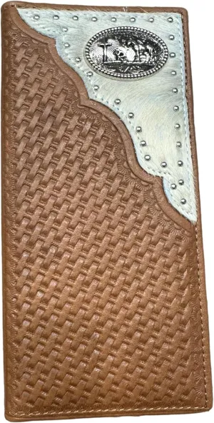 Mens Cowboy Praying At Cross Western Leather Long Wallet Bifold Cowhair BasketWeave Studded Checkbook Style Mens Wallets Leather Bull Rider Rodeo Gifts For Men (Brown)