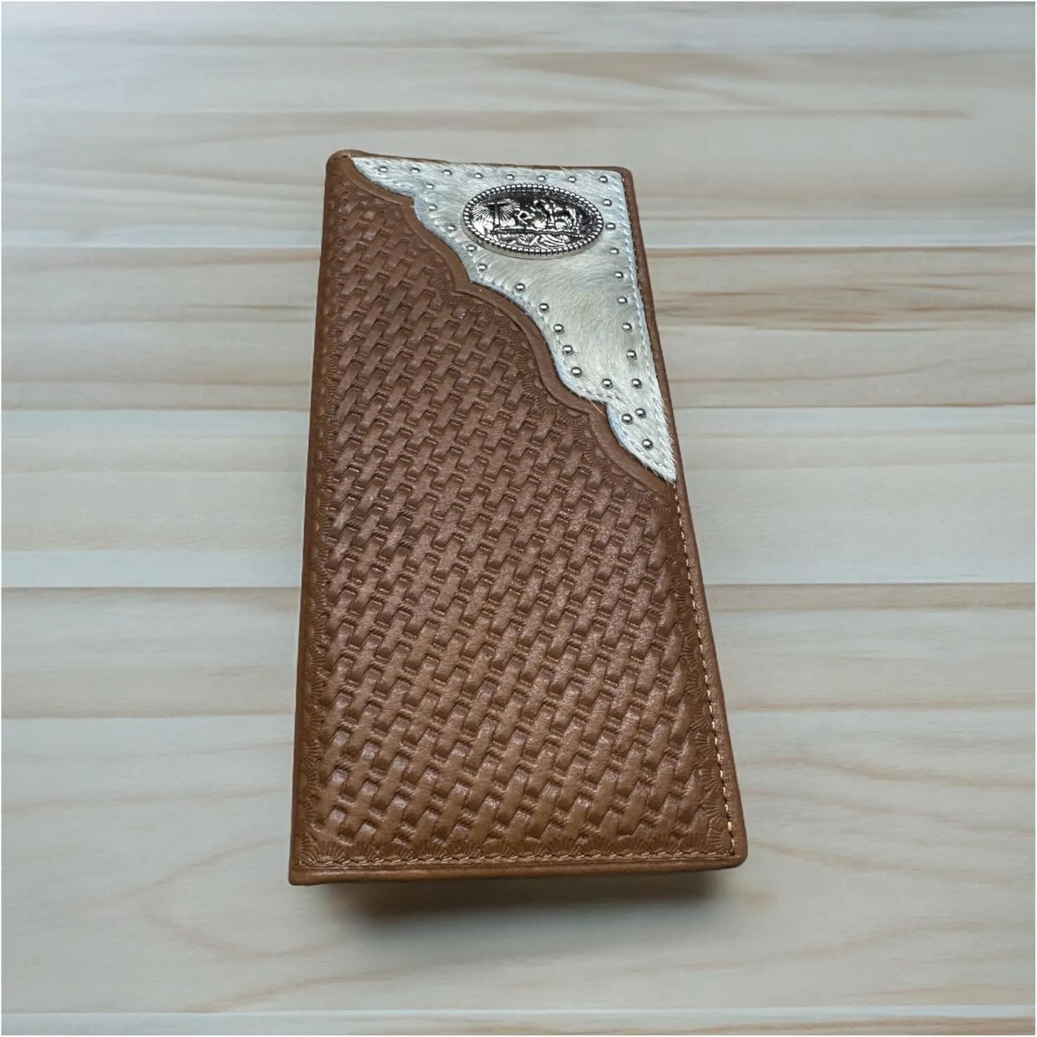 Mens Cowboy Praying At Cross Western Leather Long Wallet Bifold Cowhair BasketWeave Studded Checkbook Style Mens Wallets Leather Bull Rider Rodeo Gifts For Men (Brown)