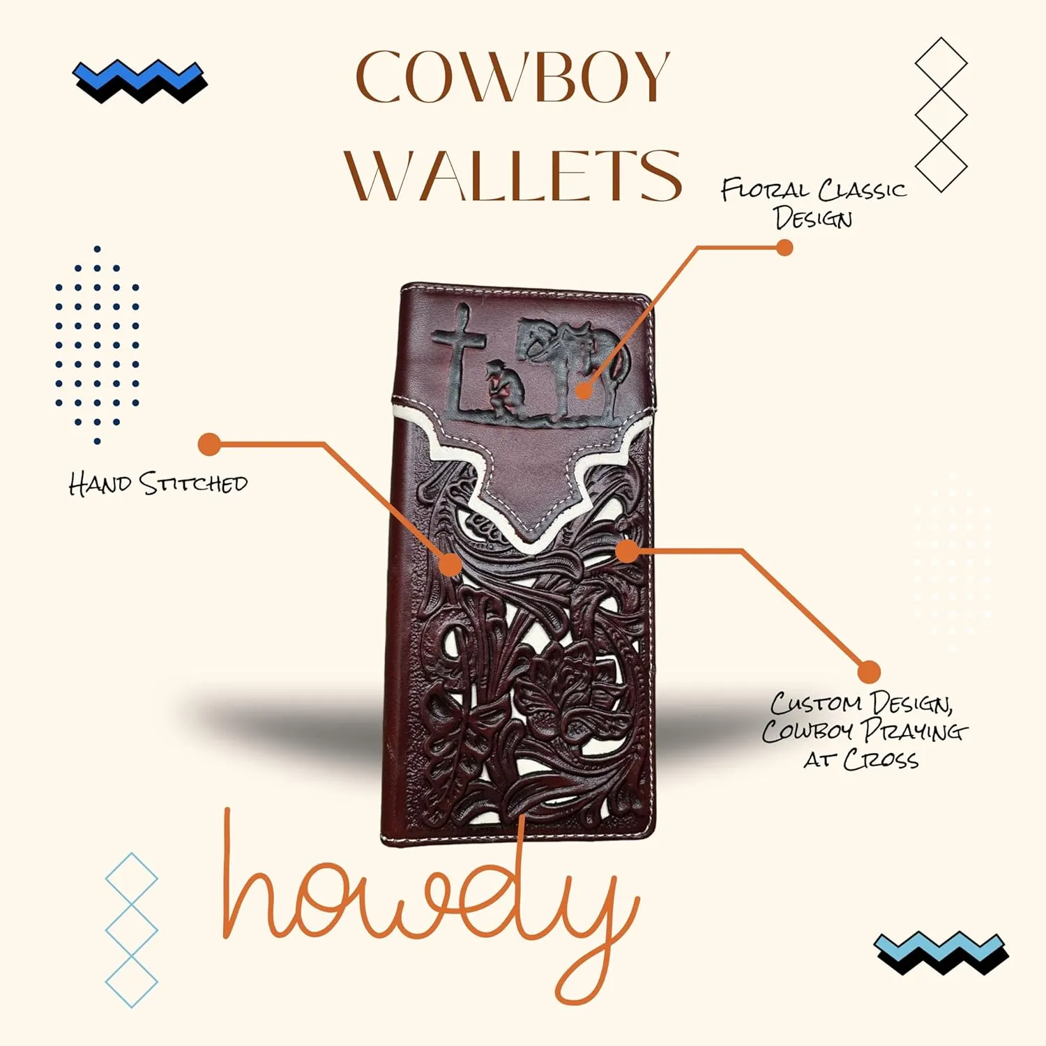 Mens Cowboy Praying Western Long Wallet Floral Cutout Layered Leather Soft Leather Checkbook Style Mens Wallets Leather Bull Rider Rodeo Gifts For Men (Maroon & White)