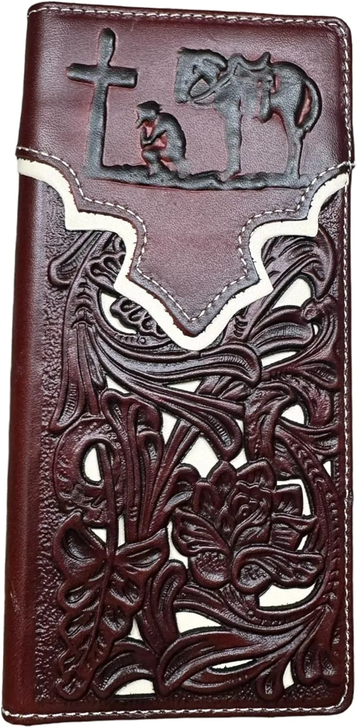 Mens Cowboy Praying Western Long Wallet Floral Cutout Layered Leather Soft Leather Checkbook Style Mens Wallets Leather Bull Rider Rodeo Gifts For Men (Maroon & White)