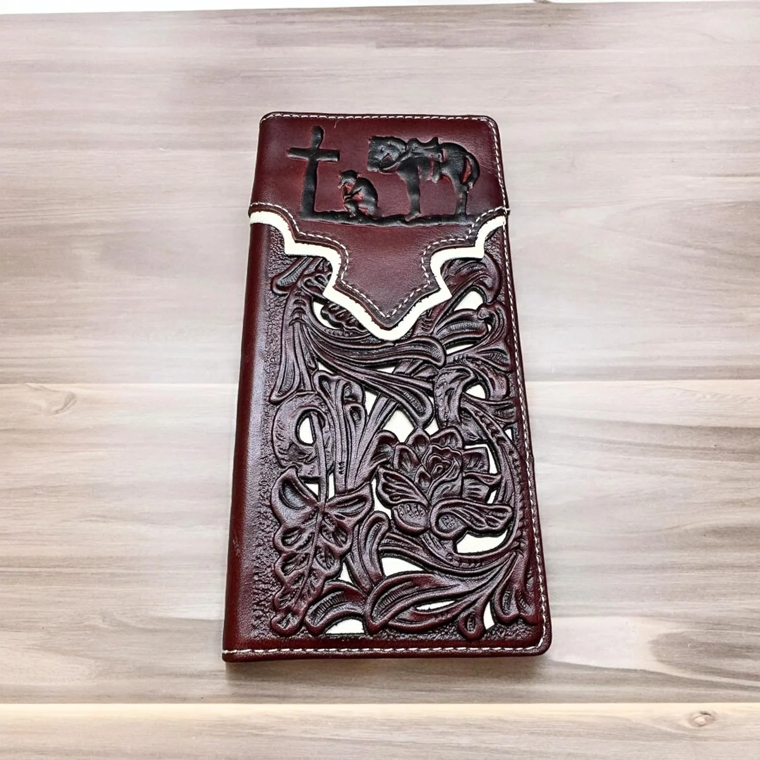 Mens Cowboy Praying Western Long Wallet Floral Cutout Layered Leather Soft Leather Checkbook Style Mens Wallets Leather Bull Rider Rodeo Gifts For Men (Maroon & White)